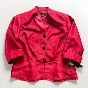 Le Bos Womens Jacket Red Peplum Button 3/4 Sleeve Size 14W Holiday Party